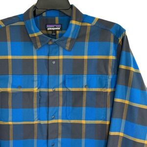 Patagonia Men's Large‎ Canyonite Flannel Shirt Blue Yellow Plaid Snap Button